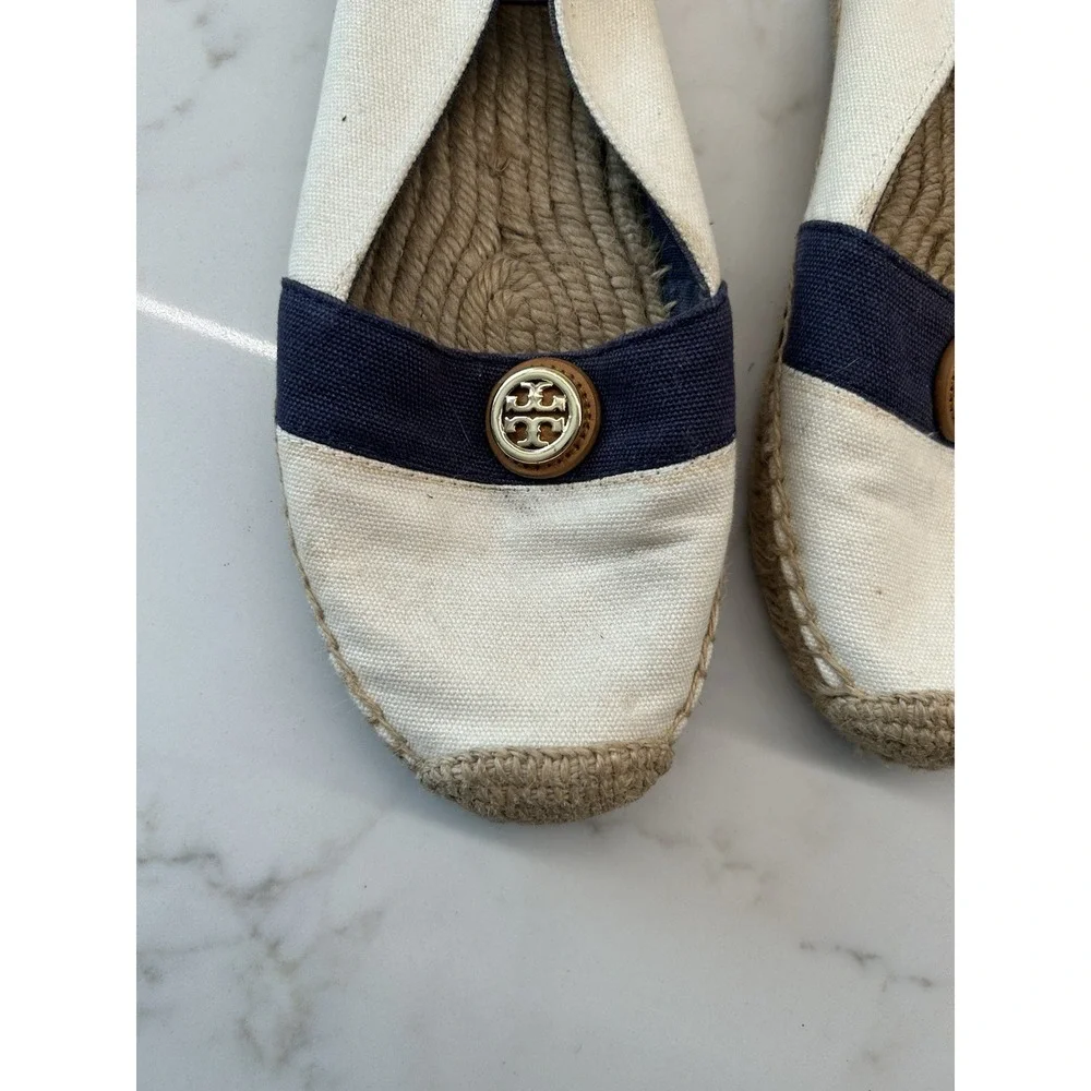 Tory Burch Espadrille Flats Ivory Newport Navy‎ Embellished Canvas Womens Size 8
